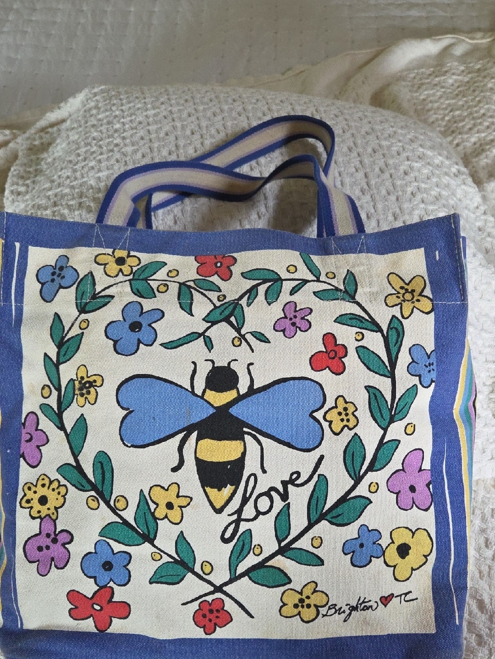 Brighton Canvas Tote with Bee & Floral Motif in Blue, Yellow, Green